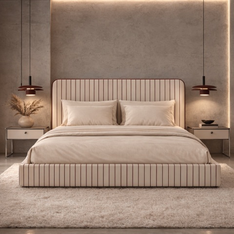 Łóżko tapicerowane DISSONANCE No.21 designerskie z zagłówkiem beżowe