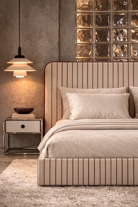 Łóżko tapicerowane DISSONANCE No.21 designerskie z zagłówkiem beżowe