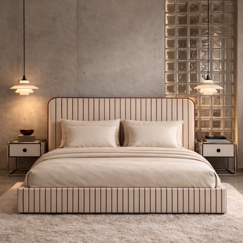 Łóżko tapicerowane DISSONANCE No.21 designerskie z zagłówkiem beżowe