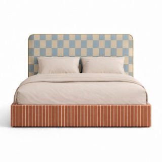 Łóżko tapicerowane DISSONANCE No.6 designerskie z zagłówkiem pomarańczowe niebieskie