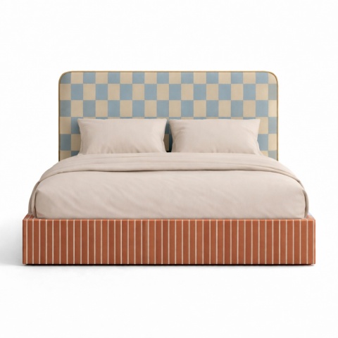 Łóżko tapicerowane DISSONANCE No.6 designerskie z zagłówkiem pomarańczowe niebieskie