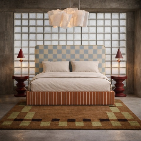 Łóżko tapicerowane DISSONANCE No.6 designerskie z zagłówkiem pomarańczowe niebieskie