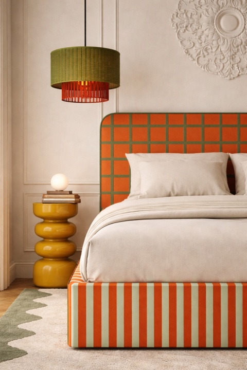 Łóżko tapicerowane DISSONANCE No.8 z zagłówkiem pomarańczowe