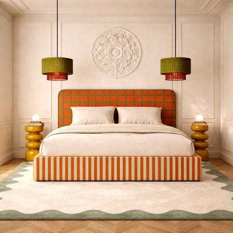 Łóżko tapicerowane DISSONANCE No.8 z zagłówkiem pomarańczowe