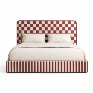 Łóżko tapicerowane DISSONANCE No.9 designerskie z zagłówkiem czerwono beżowe