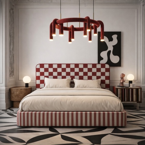 Łóżko tapicerowane DISSONANCE No.9 designerskie z zagłówkiem czerwono beżowe