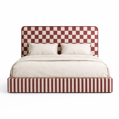 Łóżko tapicerowane DISSONANCE No.9 designerskie z zagłówkiem czerwono beżowe