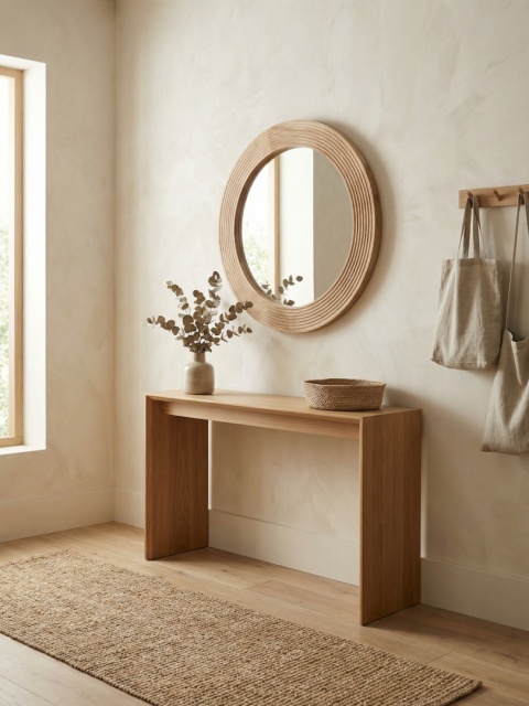 Lustro ryflowane 100 cm rama z litego drewna okrągłe do łazienki