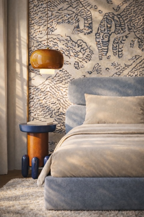 Lóżko tapicerowane MOU designerskie z zagłówkiem błękitne