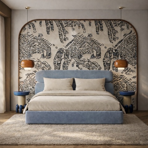 Lóżko tapicerowane MOU designerskie z zagłówkiem błękitne