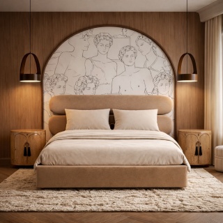Łóżko tapicerowane MOU designerskie z zagłówkiem cappuccino
