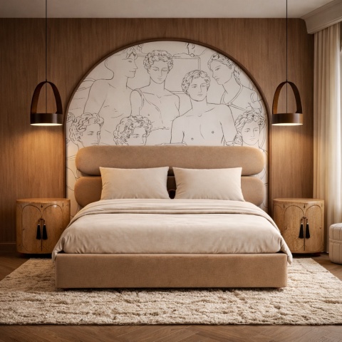 Łóżko tapicerowane MOU designerskie z zagłówkiem cappuccino