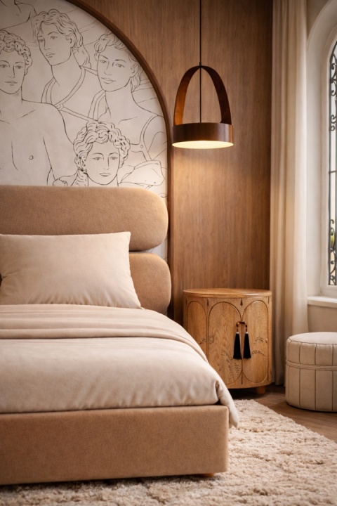 Łóżko tapicerowane MOU designerskie z zagłówkiem cappuccino