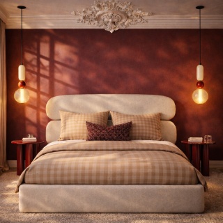 Łóżko tapicerowane MOU designerskie z zagłówkiem kremowe