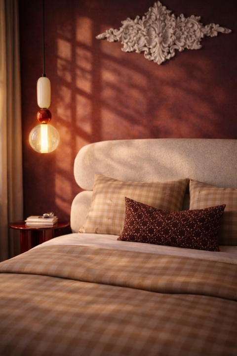 Łóżko tapicerowane MOU designerskie z zagłówkiem kremowe