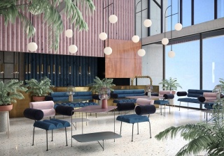 Fotel ROLL & ROLL designerski z podłokietnikami biało niebieski