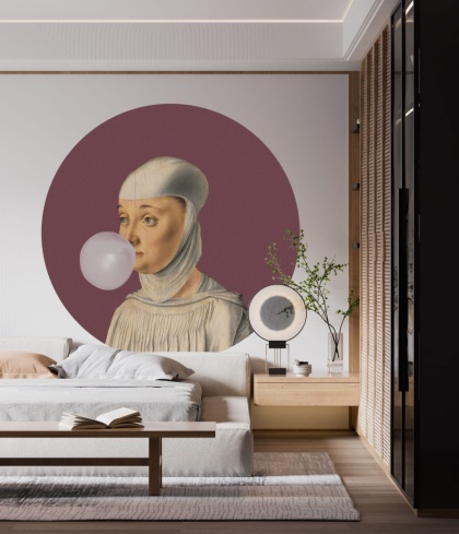 Mural DOTS - Kobieta z Gumą Balonową wiśniowy tapeta naklejka do salonu lub sypialni