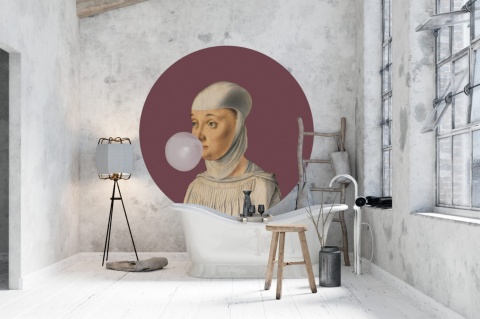 Mural DOTS - Kobieta z Gumą Balonową wiśniowy