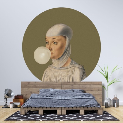 Mural DOTS - Kobieta z Gumą Balonową zielony tapeta naklejka do salonu lub sypialni