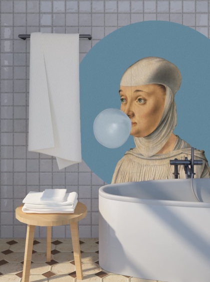 Mural DOTS - Kobieta z Gumą Balonową niebieski tapeta naklejka do salonu lub sypialni