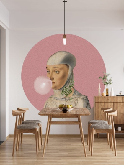 Mural DOTS - Kobieta z Gumą Balonową różowy tapeta naklejka do salonu lub sypialni