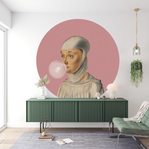 Mural DOTS - Kobieta z Gumą Balonową różowy
