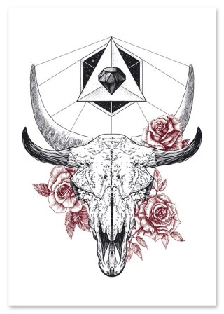 Plakat CZASZKA Z KWIATAMI czarno biały czerwony