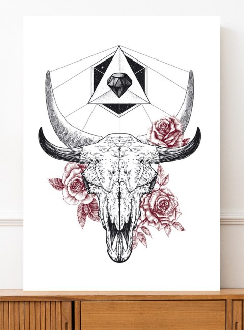 Plakat CZASZKA Z KWIATAMI czarno biały czerwony