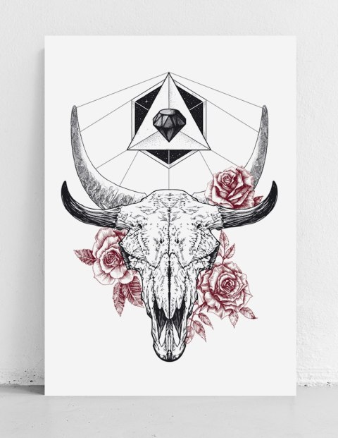 Plakat CZASZKA Z KWIATAMI czarno biały czerwony