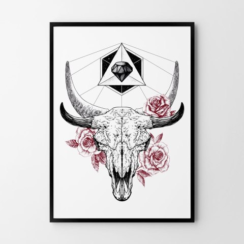 Plakat CZASZKA Z KWIATAMI czarno biały czerwony