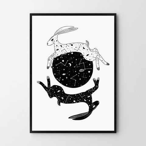 Plakat KOSMICZNE ZAJĄCE czarno białe