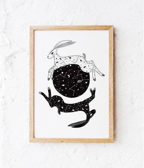 Plakat KOSMICZNE ZAJĄCE czarno białe