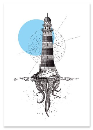Plakat LATARNIA MORSKA OŚMIORNICA czarno biały niebieski