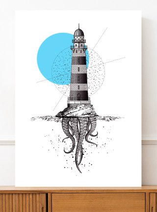 Plakat LATARNIA MORSKA OŚMIORNICA czarno biały niebieski