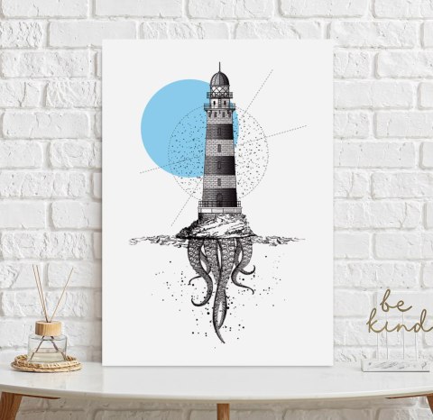 Plakat LATARNIA MORSKA OŚMIORNICA czarno biały niebieski