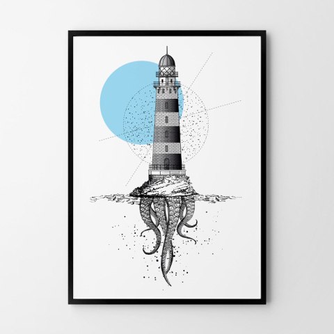 Plakat LATARNIA MORSKA OŚMIORNICA czarno biały niebieski