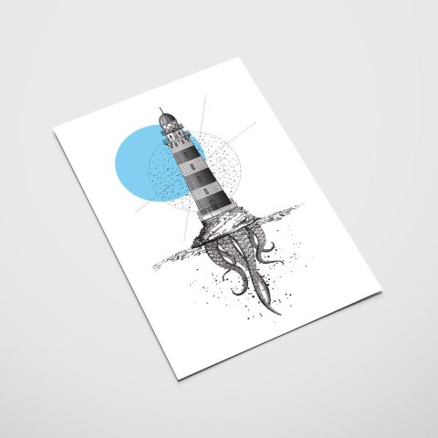 Plakat LATARNIA MORSKA OŚMIORNICA czarno biały niebieski