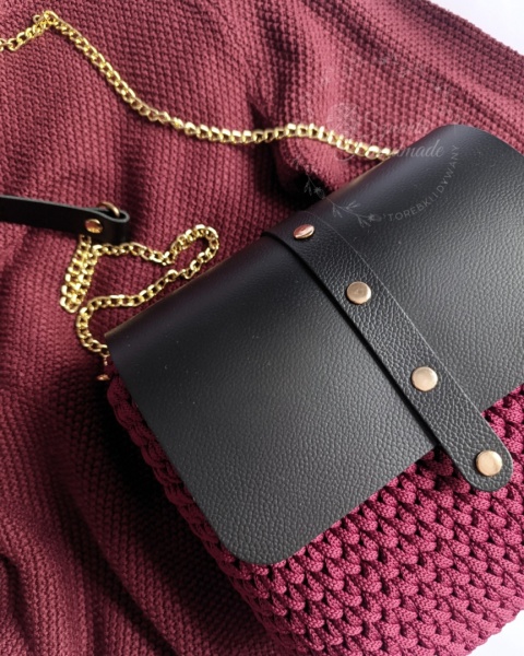 Listonoszka pleciona torebka skórzana czerń + bordo