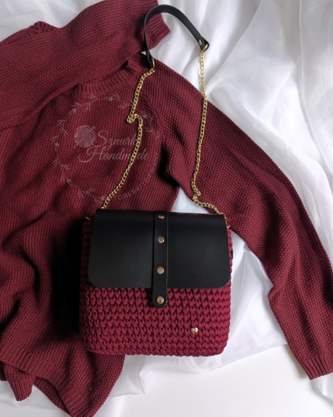 Listonoszka pleciona torebka skórzana czerń + bordo