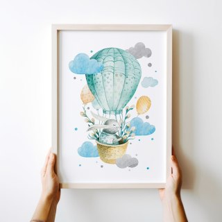 Plakat zając w balonie