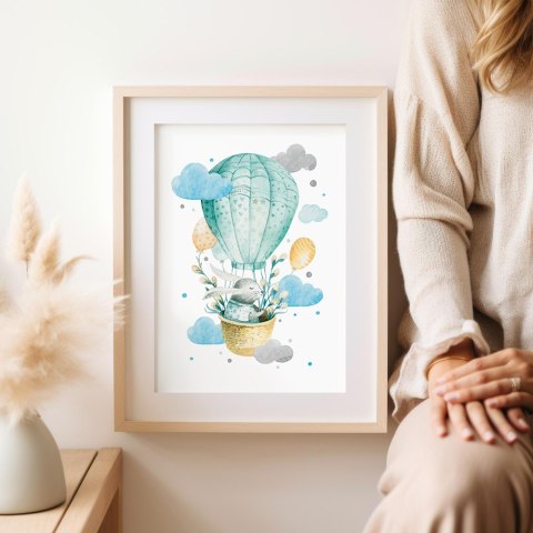 Plakat zając w balonie