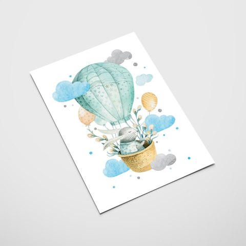 Plakat zając w balonie