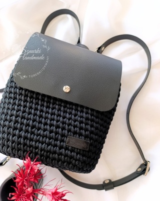 Plecak pleciony sznurek i skóra naturalna czarny