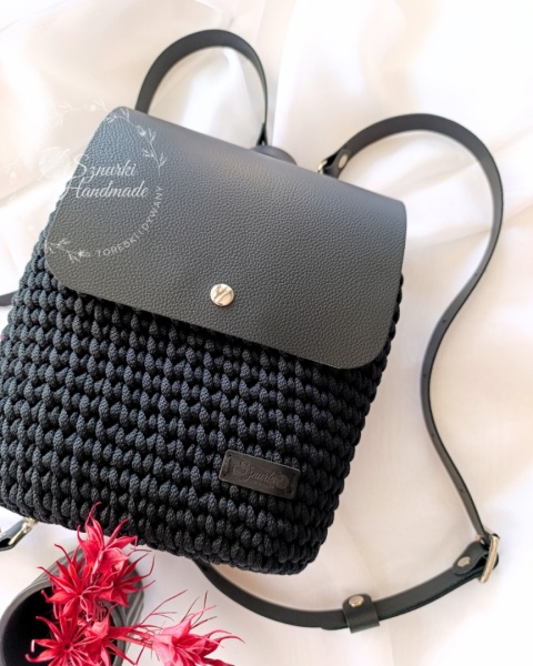 Plecak pleciony sznurek i skóra naturalna czarny