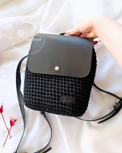 Plecak pleciony sznurek i skóra naturalna czarny