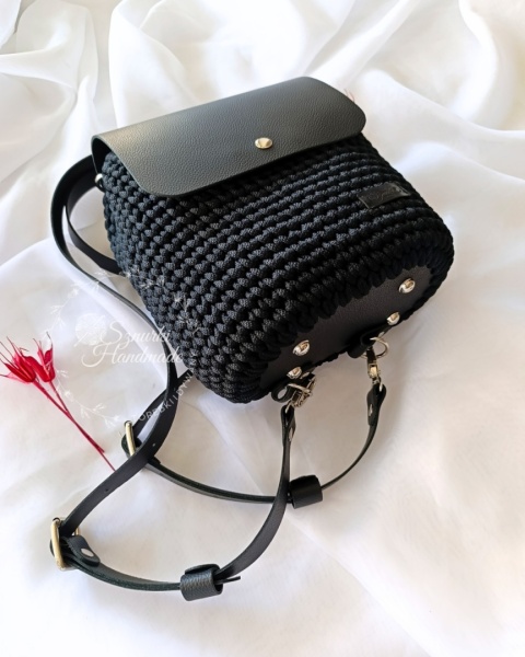 Plecak pleciony sznurek i skóra naturalna czarny