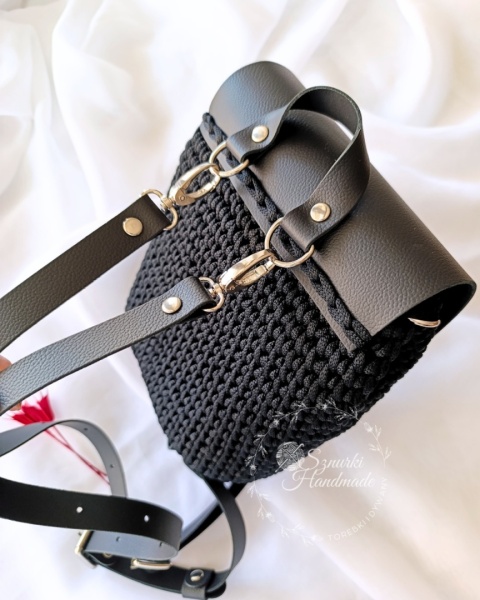 Plecak pleciony sznurek i skóra naturalna czarny