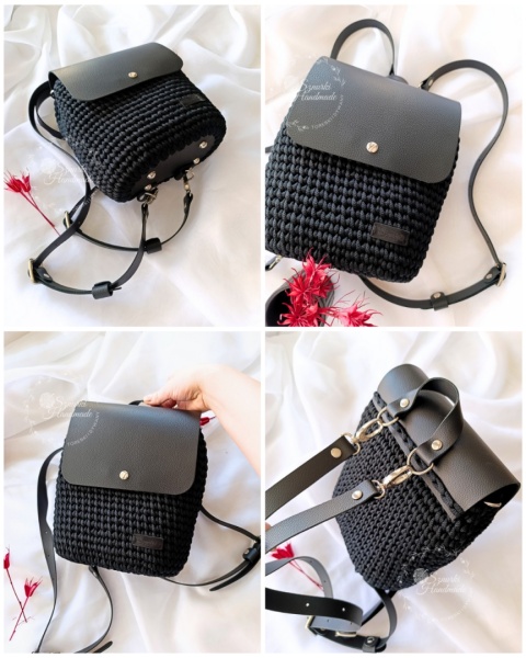 Plecak pleciony sznurek i skóra naturalna czarny