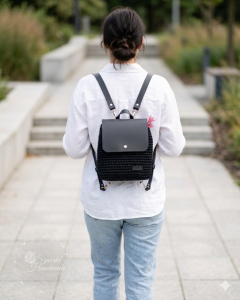 Plecak pleciony sznurek i skóra naturalna czarny