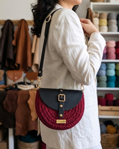 Torebka pleciona Jodełka skórzana czerń + bordo